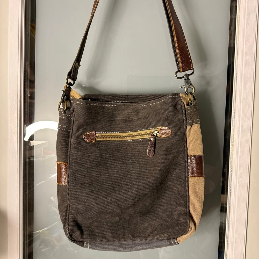 Myra Bag Crossbody Leather and Textile, Gray, Beige, Brown